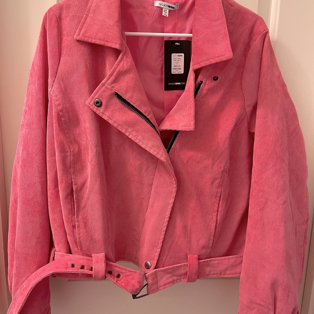 Pink zip belted corduroy jacket